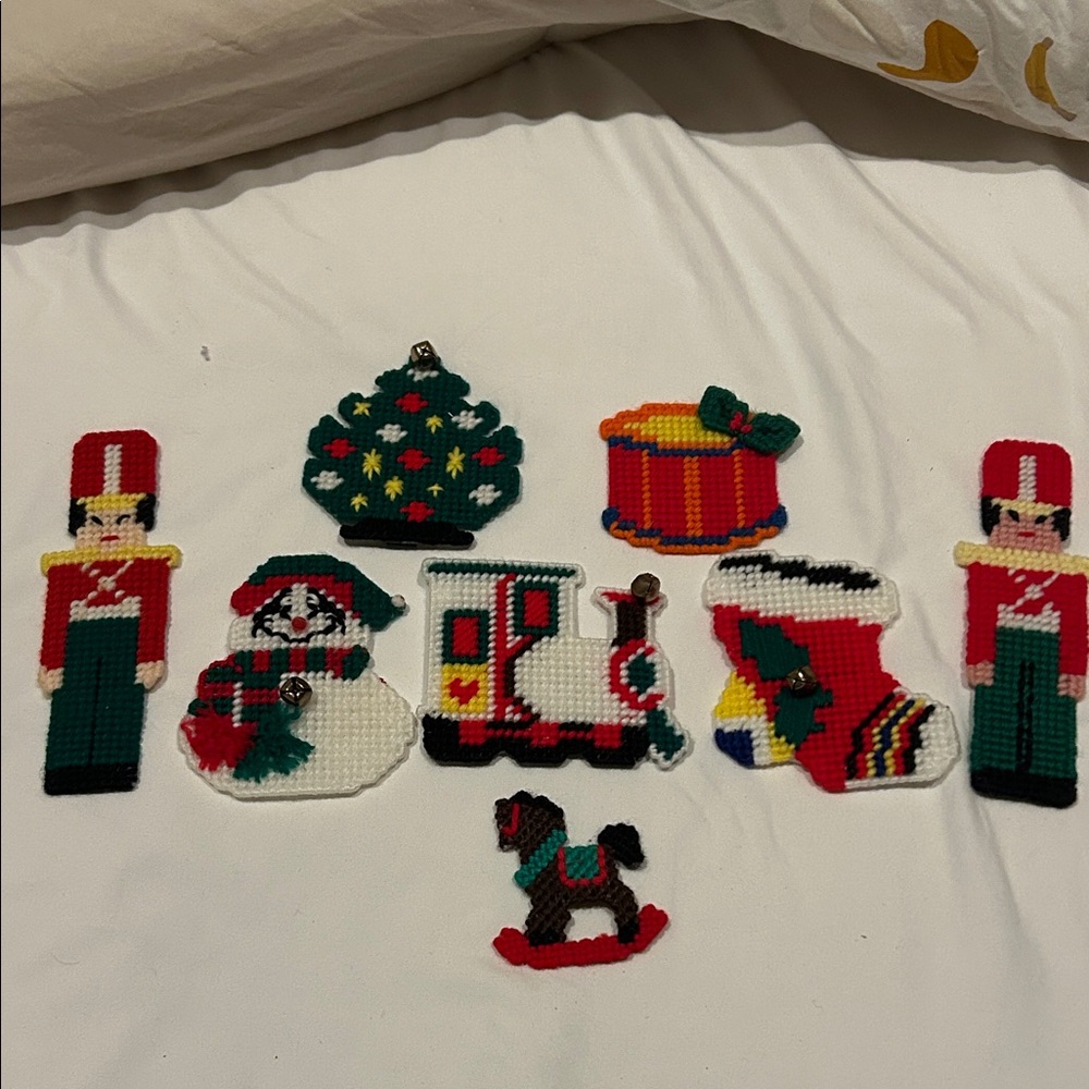 Unique Set 8 Vintage Plastic Canvas Needlepoint Magnets Christmas Holiday Decor